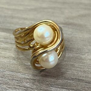 Vintage Double Pearl Swirl 18KGE Gold Statement Ring - Size 7.5